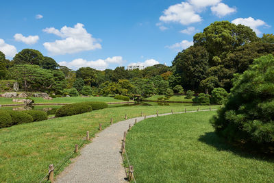 Scenic view of green landscape with path against sky