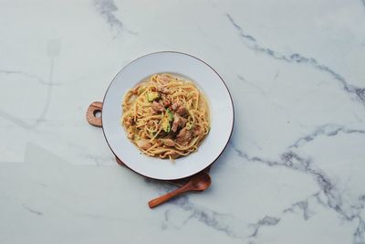 High angle view of food in plate on table