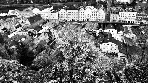 High angle view of townscape and trees in city