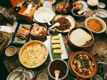 Close-up of food served on table