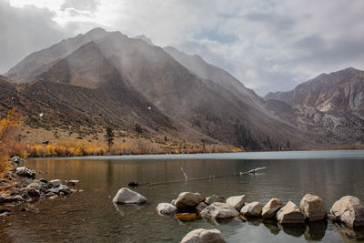 Snow beginning to fall at convict lake, ca