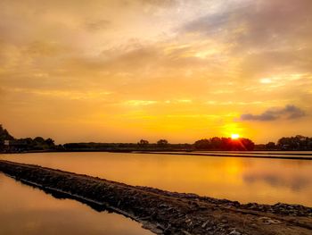 Scenic view of lake against sky during sunset