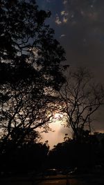 Silhouette of bare trees against sky at sunset