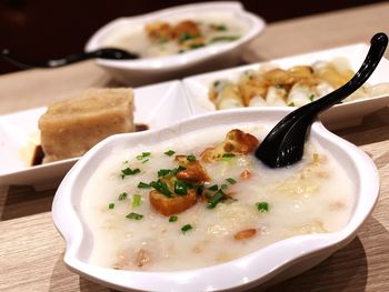 High angle view of soup in bowl on table