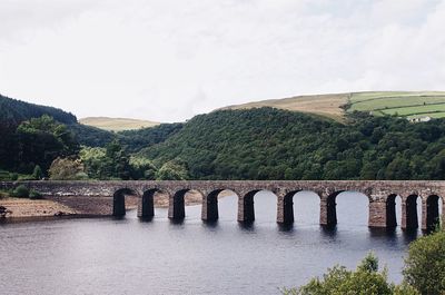 Arch bridge over river against sky