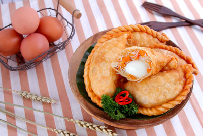 High angle view of breakfast on table