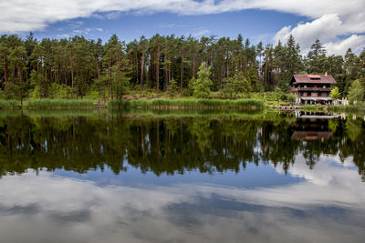 Reflection of trees in lake against sky