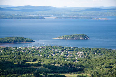 High angle view of bay against sky