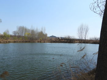 Scenic view of lake against clear sky