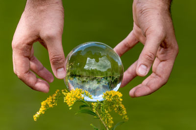 A man's hand reaches for a glass globe with a mirrored lake, trees and sky 