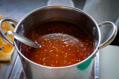 High angle view of meat in cooking pan