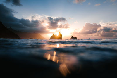 Orange sky sunset on the beach of tenerife