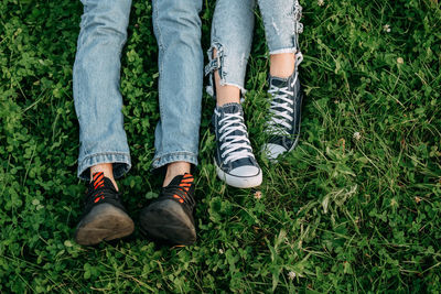 Low section of friends relaxing on grass at park