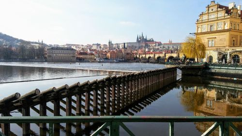 Bridge over river against buildings in city