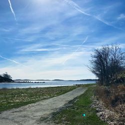Scenic view of beach against blue sky