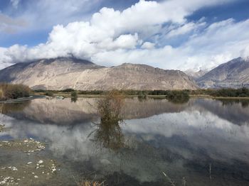 Scenic view of lake and mountains against sky