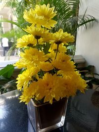 Close-up of yellow flower vase on table