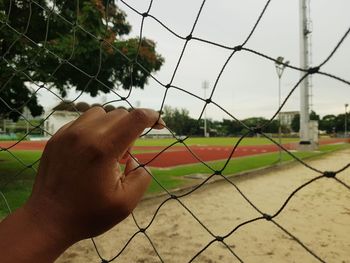 Cropped image of hand holding chainlink fence against sky