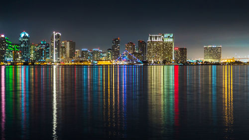 Illuminated buildings in city at night