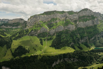 Scenic view of mountains against cloudy sky