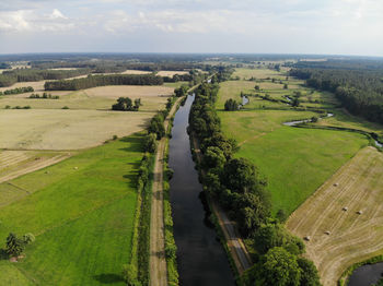 Aerial view of havel river canal voßkanal in krewelin, oberhavel, brandenburg, germany.