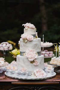 Close-up of cake served on table