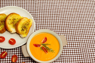 High angle view of breakfast served on table