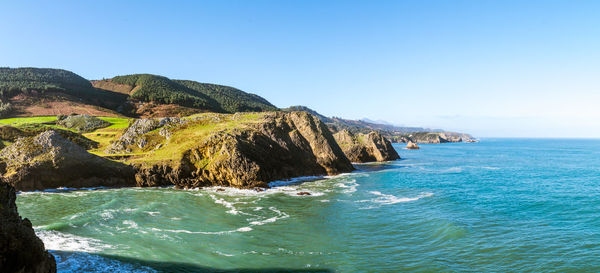 Scenic view of sea against clear blue sky