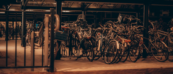 Bicycles in row at market stall