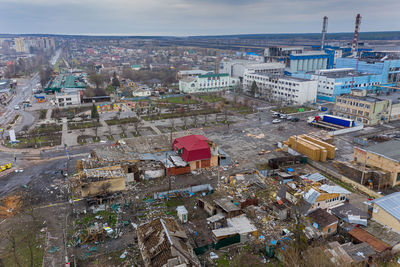 The aerial view of the destroyed and burnt buildings.