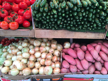 High angle view of fruits for sale at market stall