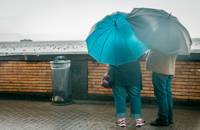 Rear view of couple standing with umbrella