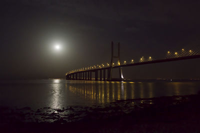 Illuminated bridge over river against sky at night