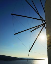 Low angle view of sea against clear blue sky