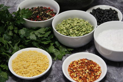 High angle view of vegetables in bowl on table