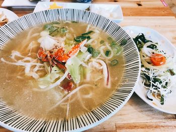 Close-up of soup in bowl on table