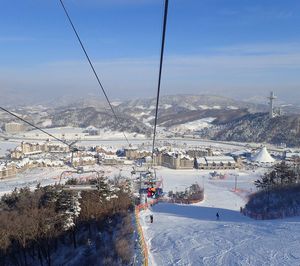 Overhead cable car against sky during winter