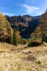 Scenic view of landscape and mountains against sky