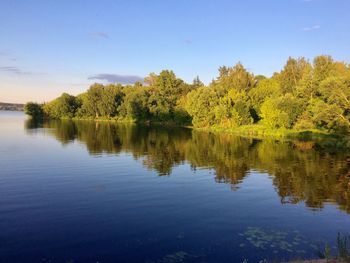 Scenic view of lake by trees against sky