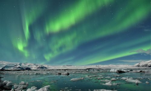 Scenic view of lake against aurora polaris