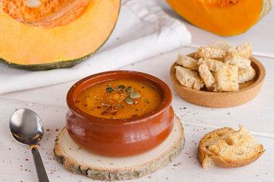 Close-up of food served on table