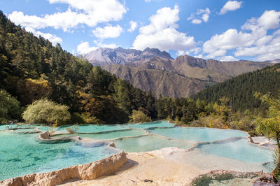 Scenic view of lake by mountains against sky