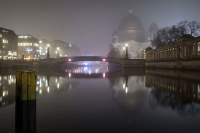 Reflection of illuminated buildings in water at night