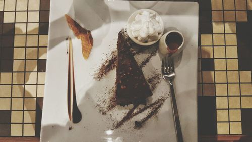 High angle view of dessert in plate on table