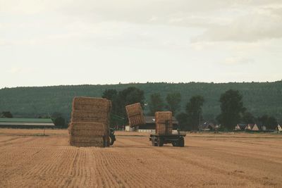 Hay bales on field against sky