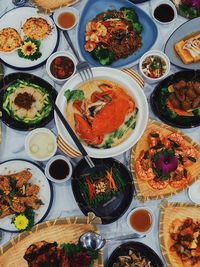 High angle view of meal served on table