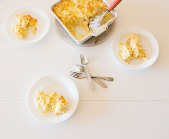 High angle view of breakfast served on table