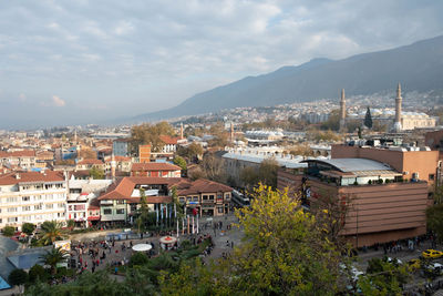 High angle shot of townscape against sky