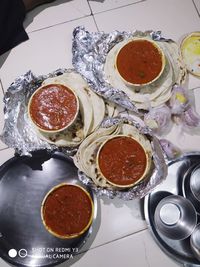 High angle view of breakfast on table