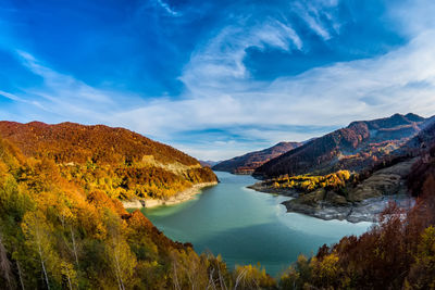 Panoramic view of lake and mountains against sky